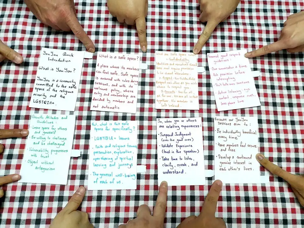 (card 1) YouYou Quick Introduction. What is YouYou? YouYou is a community committed to the safe space of the religious minority and the LGBTQIA+. (card 2) What is a safe space? A place where its members can feel safe. Safe space is ensured with rules during sessions, and with its welcome policy, where entry and membership are decided by members and not automatic. (card 3) What are safe space rules? 1. Confidentiality. Identities and narratives shared here must require permission to be shared elsewhere. 2. Respect. The Golden Rule. Respect each other as you wish others to respect you. 3. Growth. One for all, all for one. We are all in this together, No member is left behind. (card 4) General good respect guidelines: - One conversation a time - Ask permission before interrupting - Dont talk over someone - Active listening: eye contact, response cues, less phone time (card 5) Growth attitudes and guidelines: - Leave space for others and yourself - Be willing to challenge and be challenged - Vulnerability progresses with trust - Object without antagonism (Card 6) But what is this safe space for specfically? - LGBTQIA+ Issues - Faith and religious trauma, persecution, exploration, open sharing of spiritual leaving and journeys - The general well-being. (card 7) So, when you or others are relating experiences: - Suspend Judgment (even the good ones) - Validate Experience (trust in the speaker) - Take time to listen, clarify, speak and understand. (card 8) Because our YouYou sessions aim to: - Be individually beneficial every time - Have members feel secure and free - Develop a continued genuine interest in each other's lives